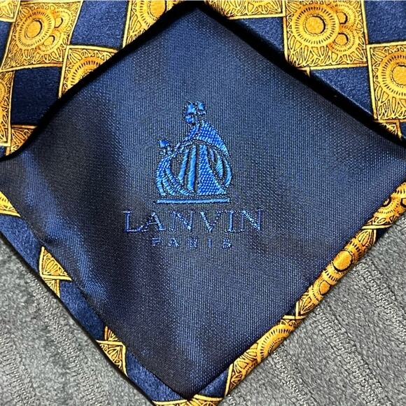 Pair of Authentic LANVIN Paris Paisley Design On Blue Gold 100% Silk Necktie Tie - Picture 8 of 11
